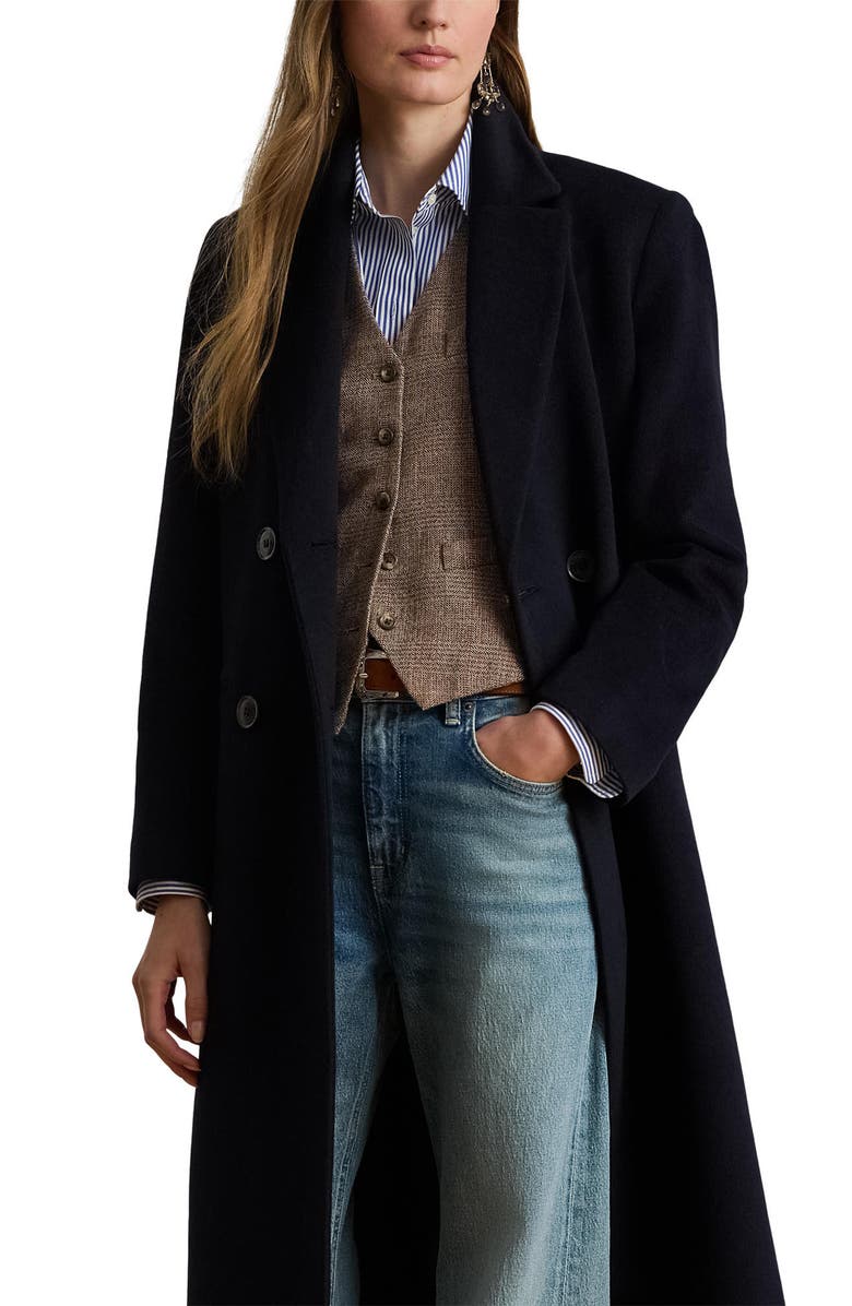 Lauren Ralph Lauren Double Breasted Wool Blend Reefer Coat, Alternate, color, Regal Navy