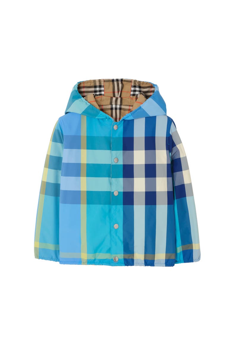 Reversible Check Nylon Hooded Jacket, Main, color, Bright turquoise