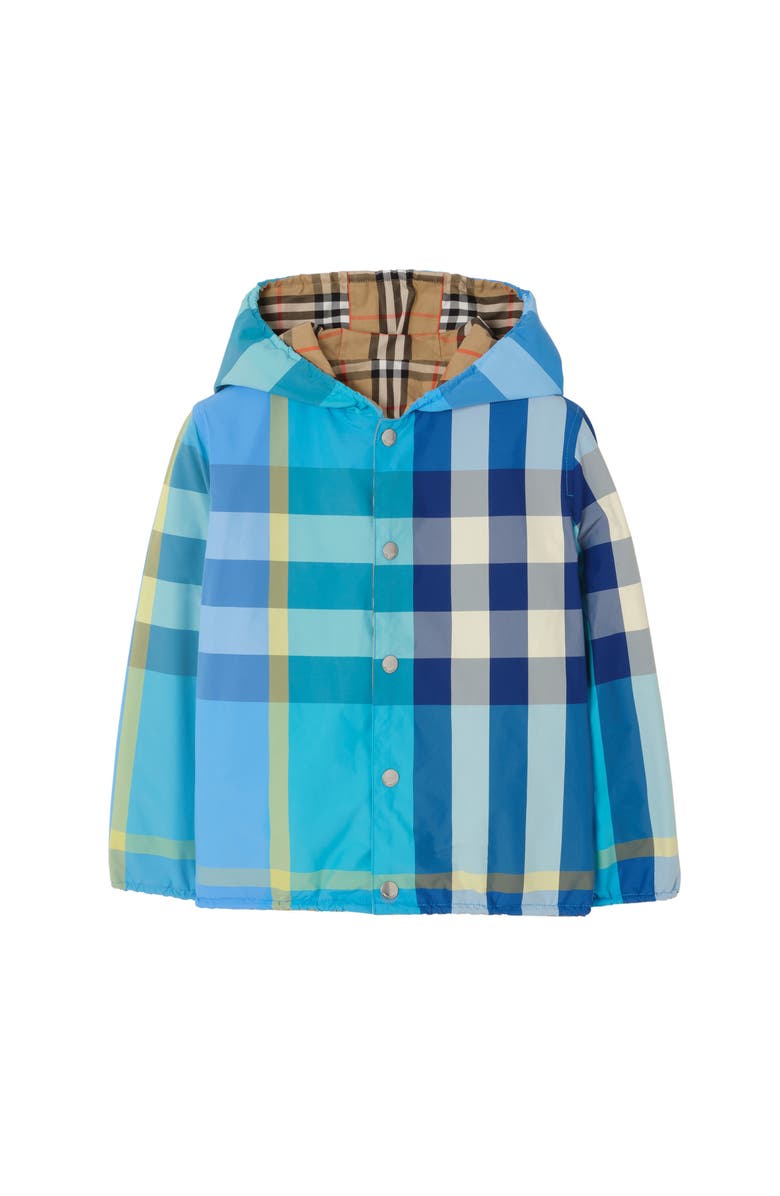 Burberry Reversible Check Nylon Hooded Jacket, Main, color, Bright Turquoise