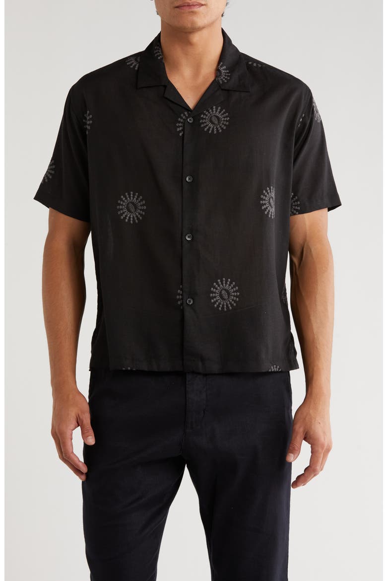 Boxy Fit Sun Embroidered Camp Shirt, Main, color, BLACK