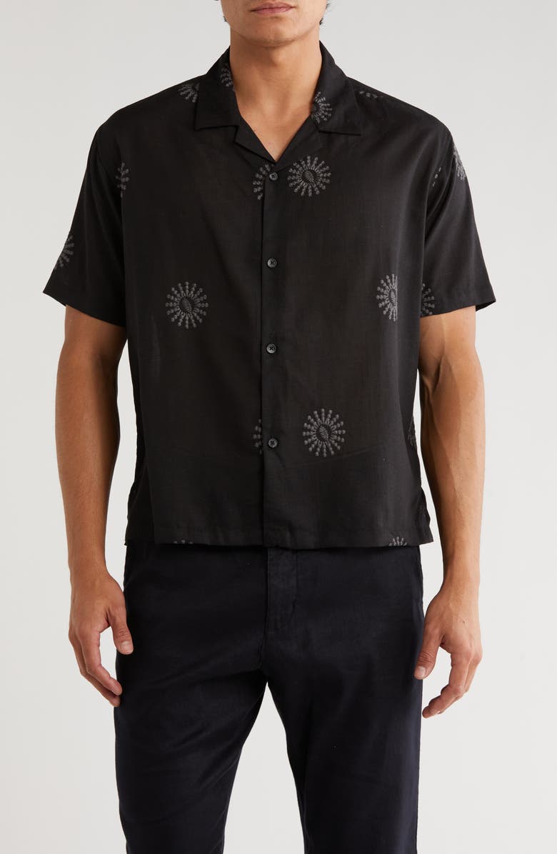 T.R. PREMIUM Boxy Fit Sun Embroidered Camp Shirt, Main, color, Black