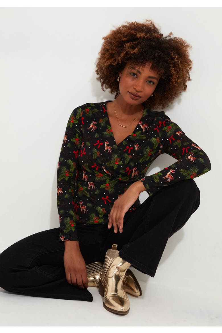 Stretch Knit Festive Wrap Top, Main, color, FESTIVE FALLING REINDEER