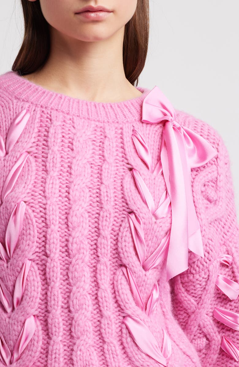 LoveShackFancy Parson Ribbon Detail Alpaca Blend Cable Sweater, Alternate, color,