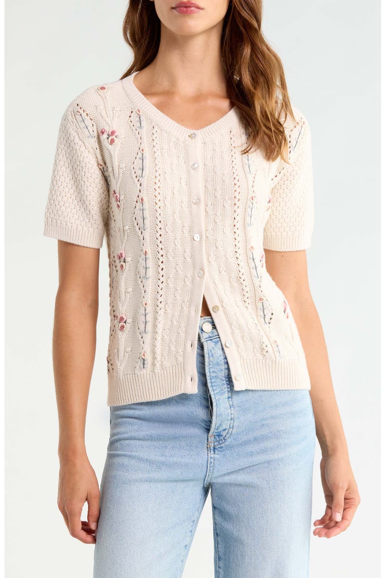 Rosette Short Sleeve Cardigan, Main, color, TURTLEDOVE