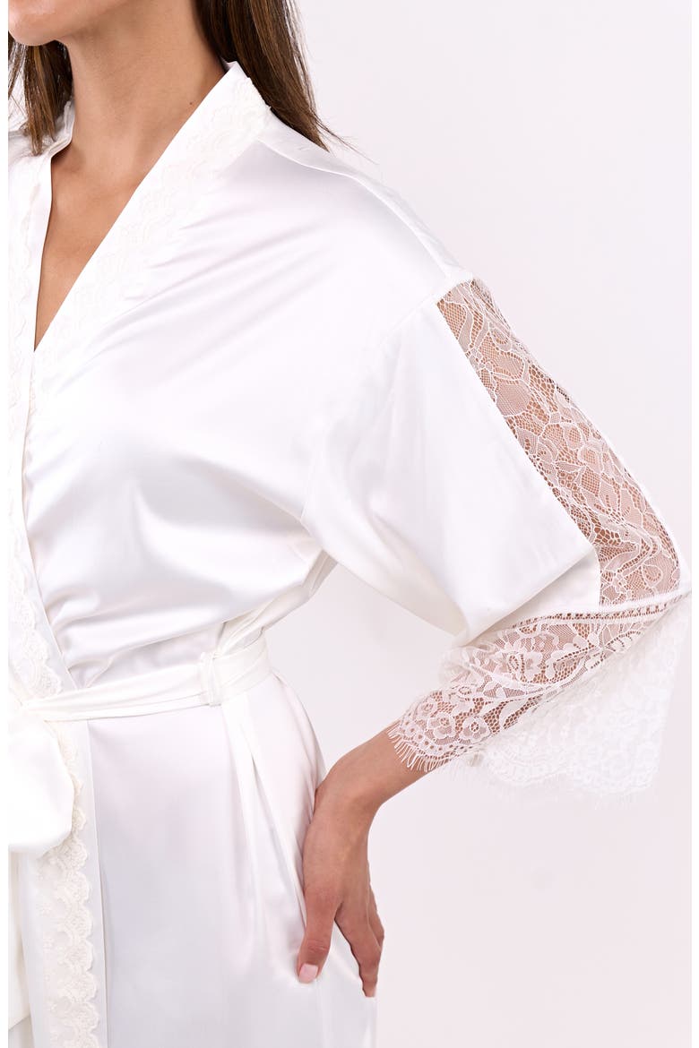 Skyler Lace Trim Satin Long Robe, Alternate, color, IVORY