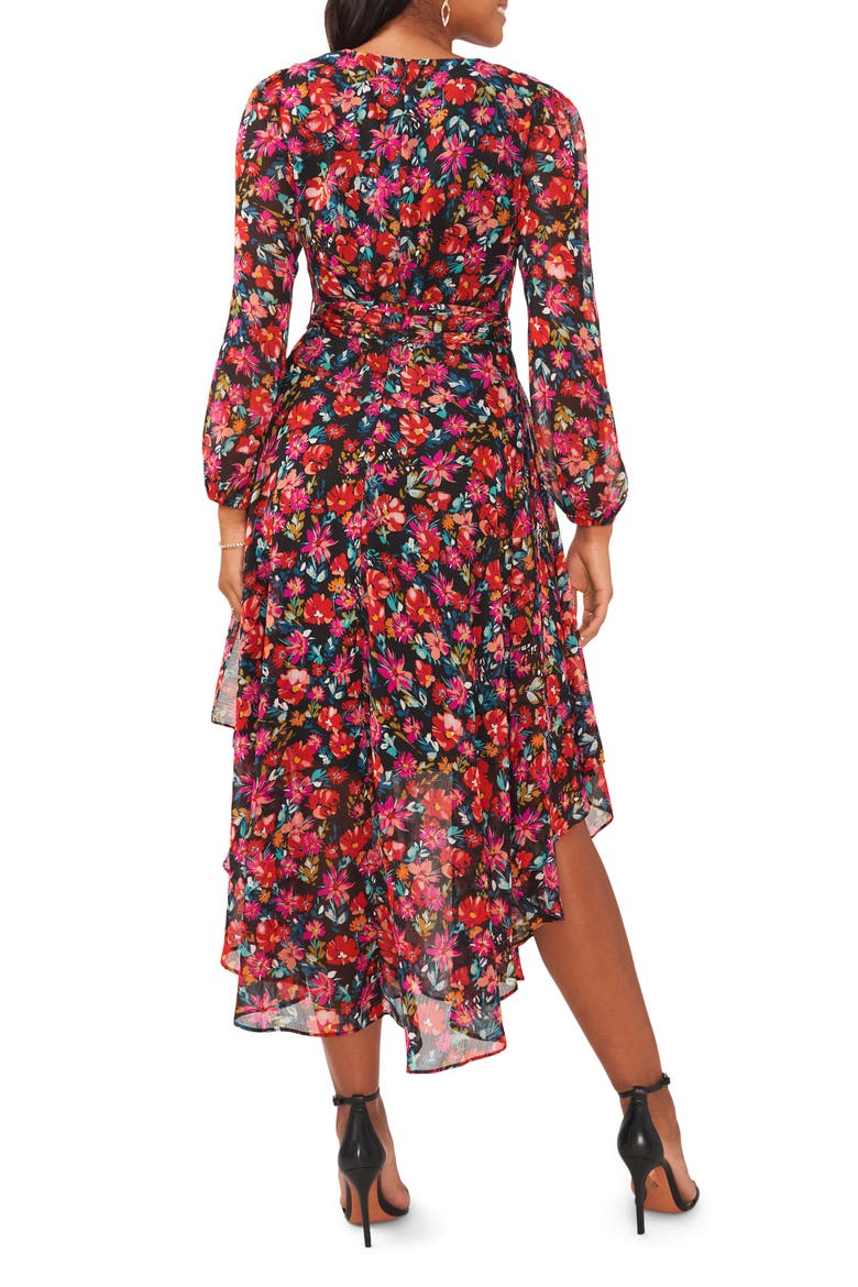 Floral Button Front Tie Waist Dress, Alternate, color, BLACK/RED/PINK