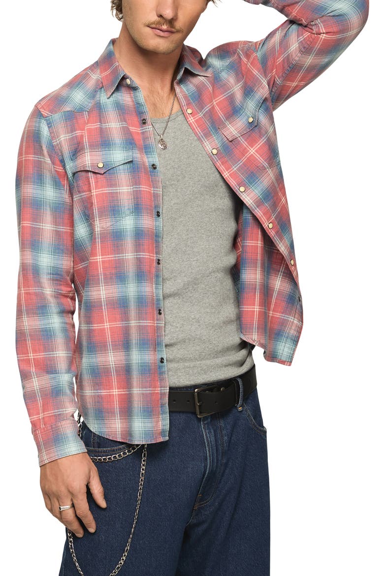 Plaid Flannel Acid Wash Western Shirt, Main, color, RUST MULTI