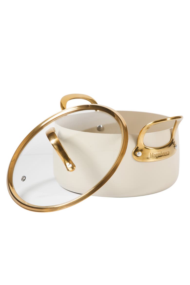 6 Quart Heavy Duty Aluminum Premium PFA Free Ceramic Nonstick Dutch Oven Pot with Lid, Alternate, color, Linen White with Gold Handle