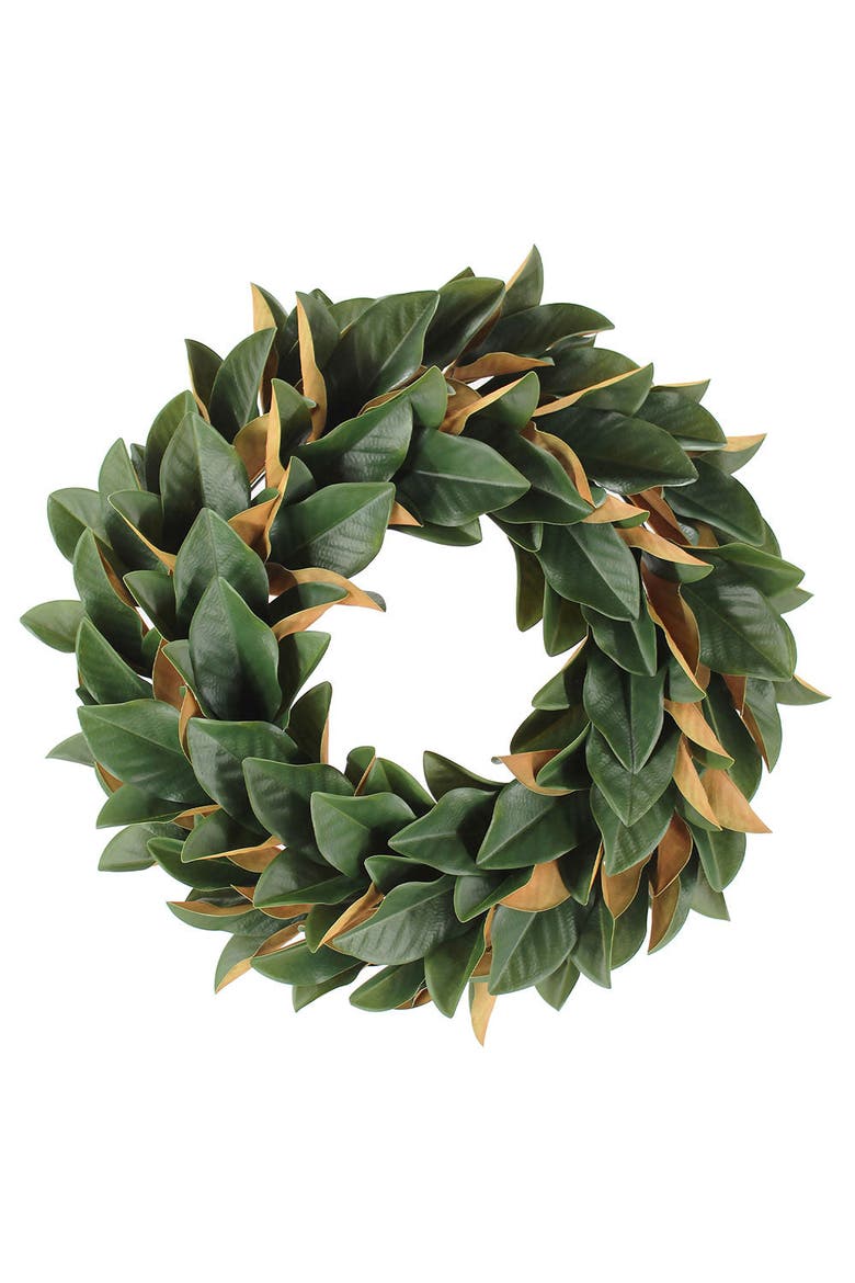 30" Faux Green Magnolia Leaf Wreath, Main, color, Green