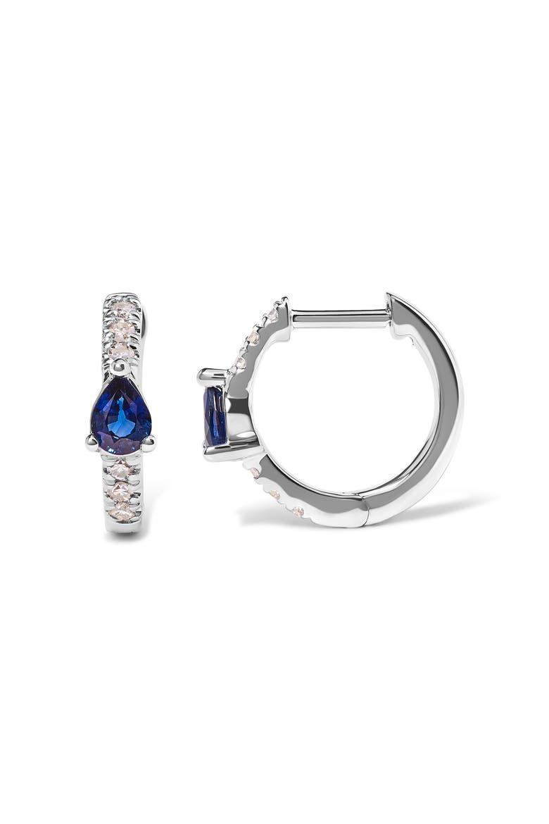 10K White Gold Pear Shaped Blue Sapphire and 1/10 Ct Diamond Huggy Hoop Earrings, Alternate, color, White
