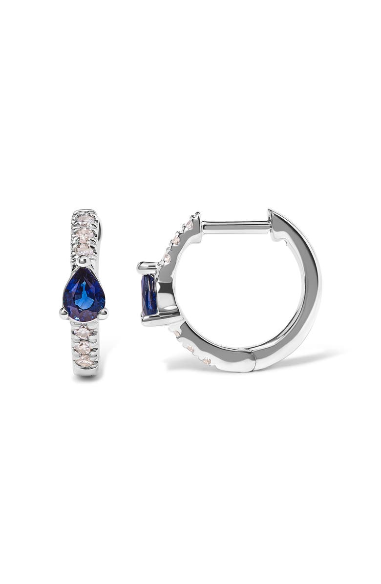 Haus of Brilliance 10K White Gold Pear Shaped Blue Sapphire and 1/10 Ct Diamond Huggy Hoop Earrings, Alternate, color, White