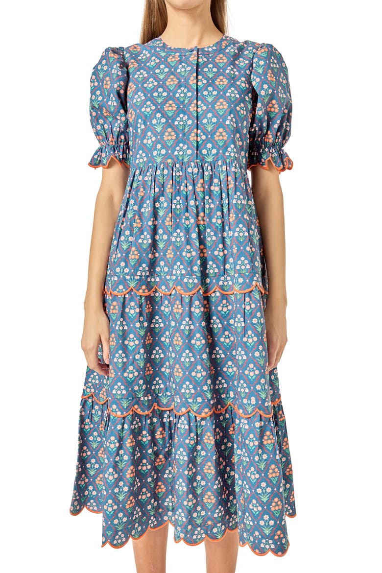 Ditsy Floral Scallop Trim Tiered Midi Dress, Alternate, color, NAVY MULTI
