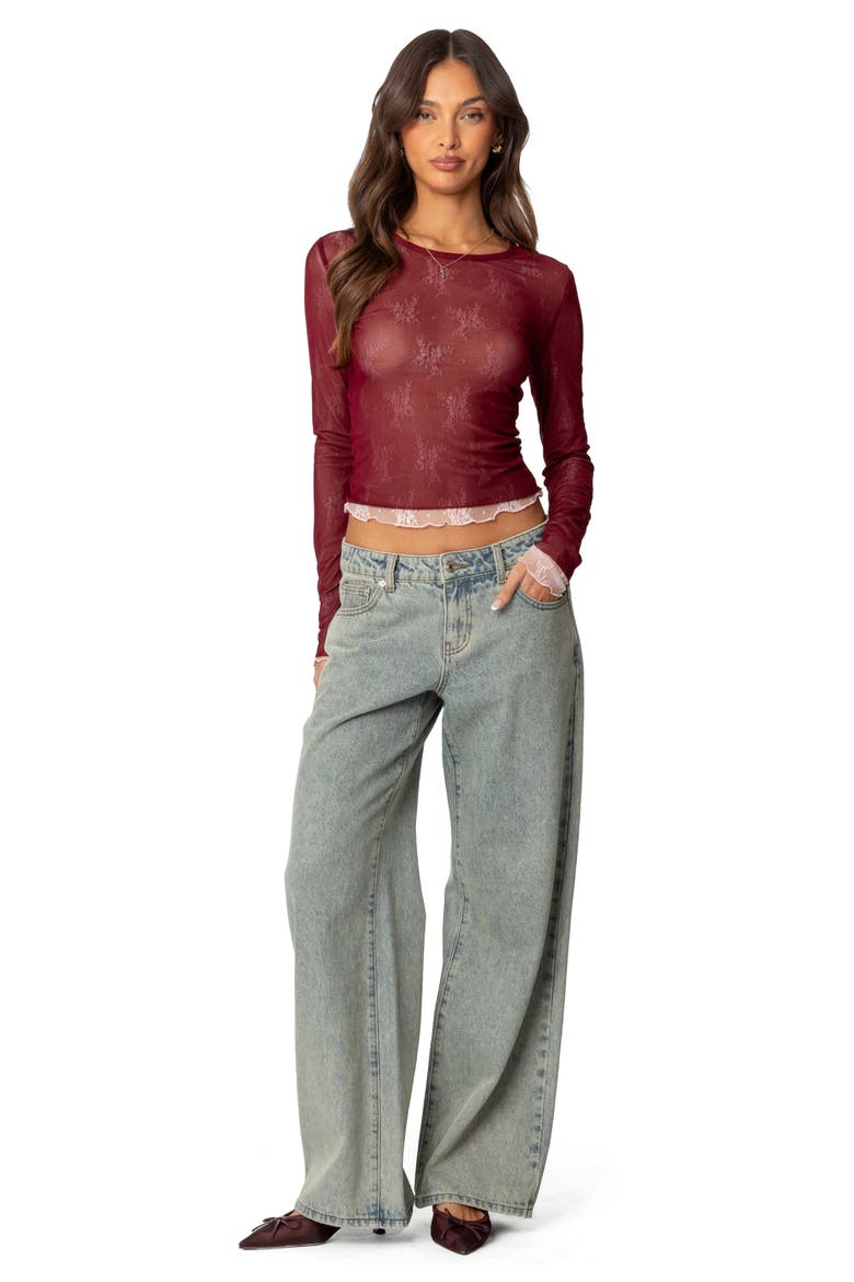 Lacy Sheer Mesh Crop Top, Alternate, color, BURGUNDY