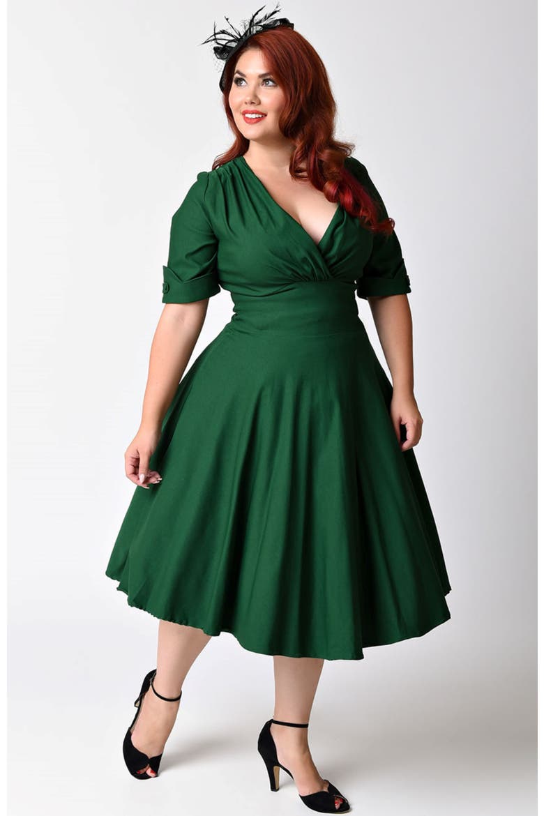 Plus Size Half Sleeve Surplice Delores Swing Dress, Main, color, Emerald