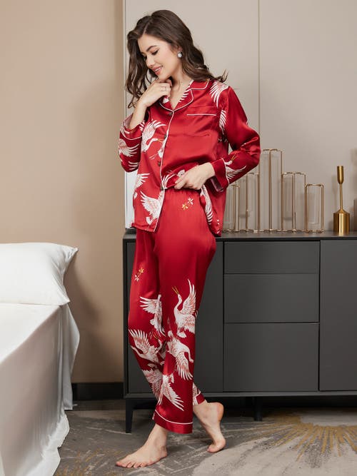 Silksilky 19momme Pure Silk Printed Classic Binding Trim Womens Pajama Set In Darkred