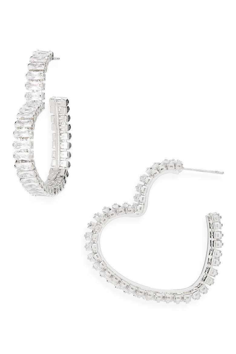 Cubic Zirconia Heart Hoop Earrings, Main, color, SILVER