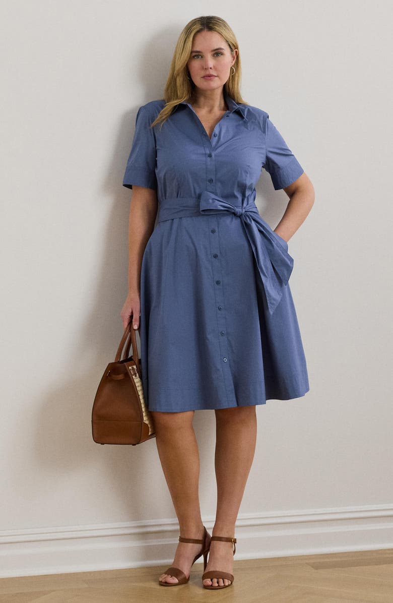 Lauren Ralph Lauren Tie Waist Stretch Poplin Shirtdress, Alternate, color, Capri Blue