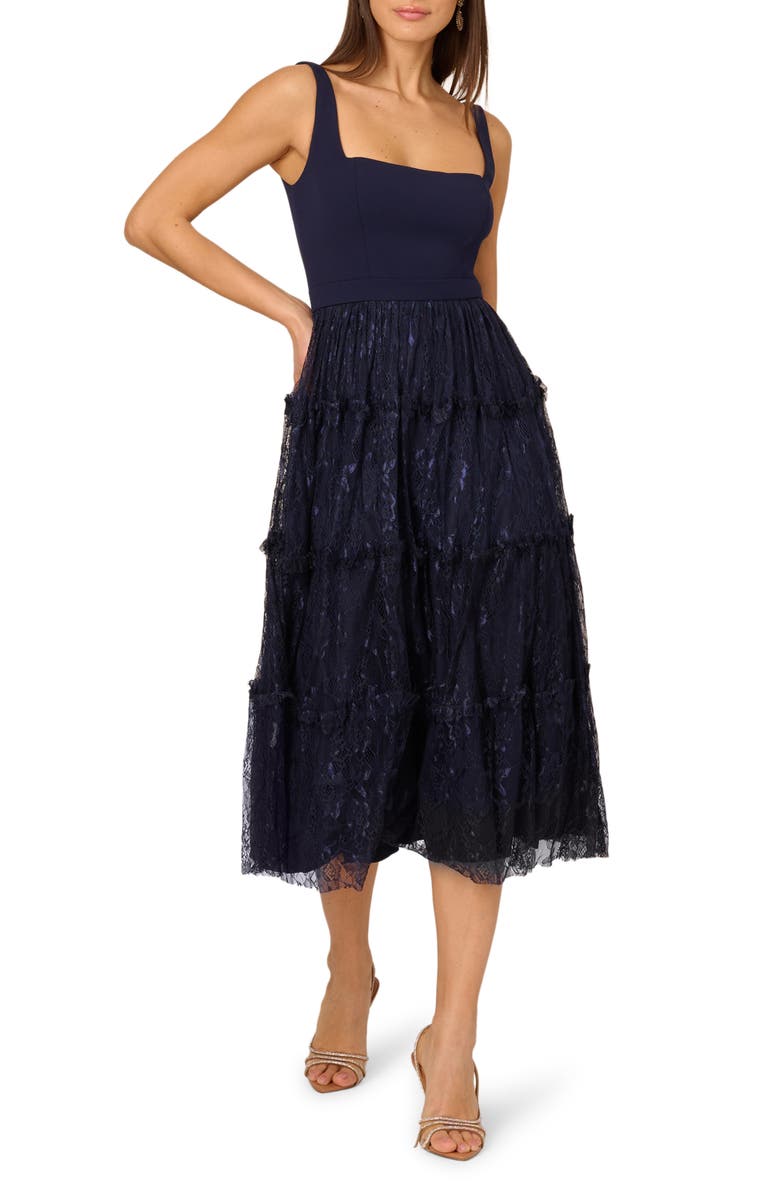 Adrianna Papell Sleeveless Crepe & Lace Midi Cocktail Dress, Main, color, 