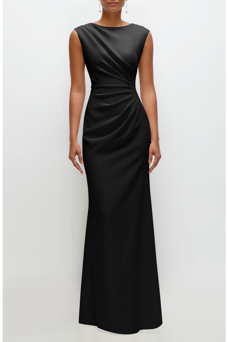Ruched Cap Sleeve Crepe Trumpet Gown, Main, color, BLACK