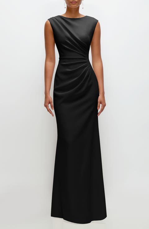Ruched Cap Sleeve Crepe Trumpet Gown