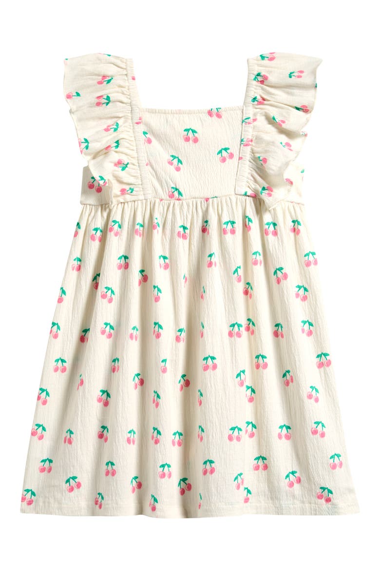 Kids' Cherry Print Ruffle Crinkled Jersey Dress, Alternate, color, OFF WHITE