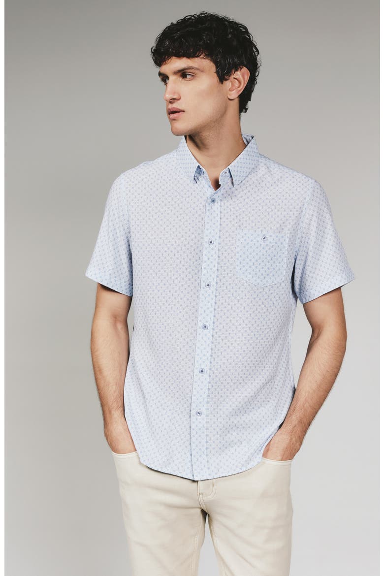 Callisto Geo Print Textured Short Sleeve Stretch Button-Up Shirt, Alternate, color, STONE BLUE