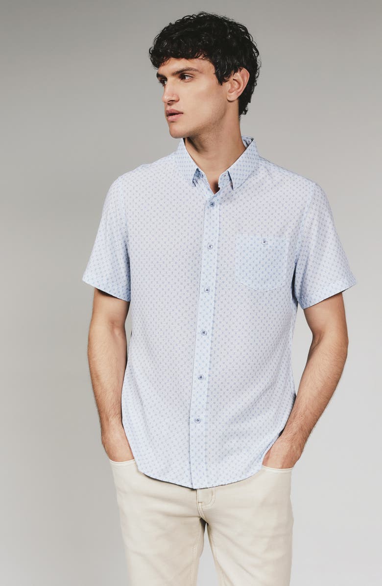 7 Diamonds Callisto Geo Print Textured Short Sleeve Stretch Button-Up Shirt, Alternate, color, Stone Blue
