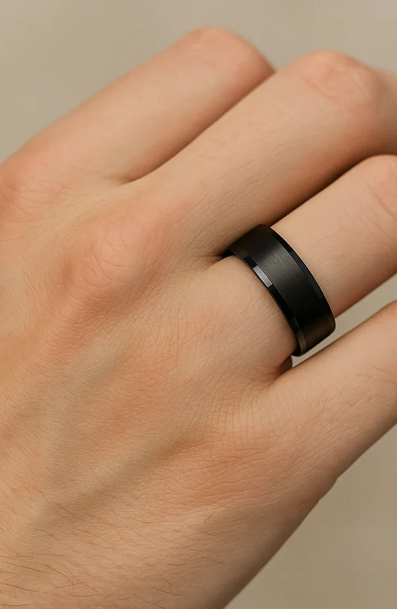 Larson Jewelers Yorkshire Brushed Ceramic Wedding Band With Polished Beveled Edges, Alternate, color, Black 6Mm