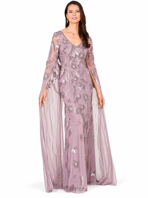 Beaded Sheath Dress with Long Cape