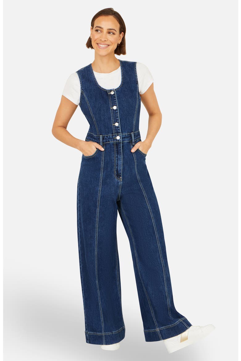 Denim Stretch Fitted Jumpsuit, Main, color, Blue