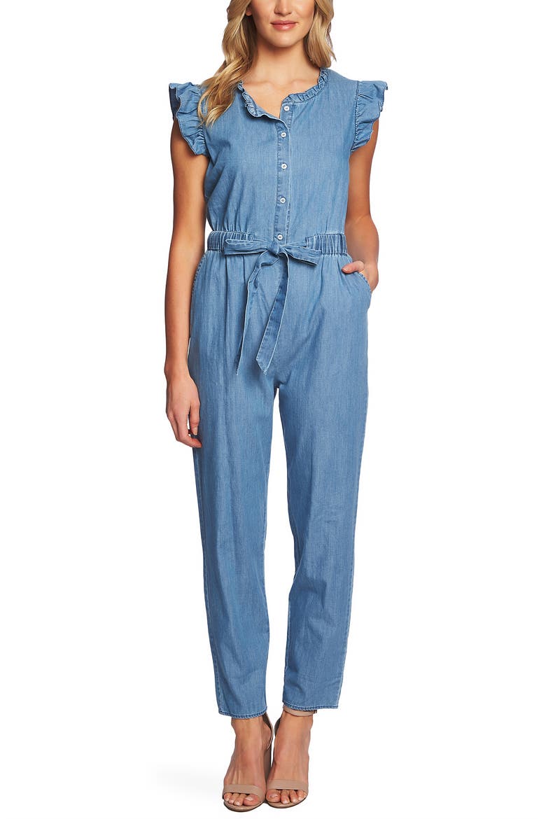 Ruffle Trim Chambray Jumpsuit, Main, color, LIGHT AUTHENTIC