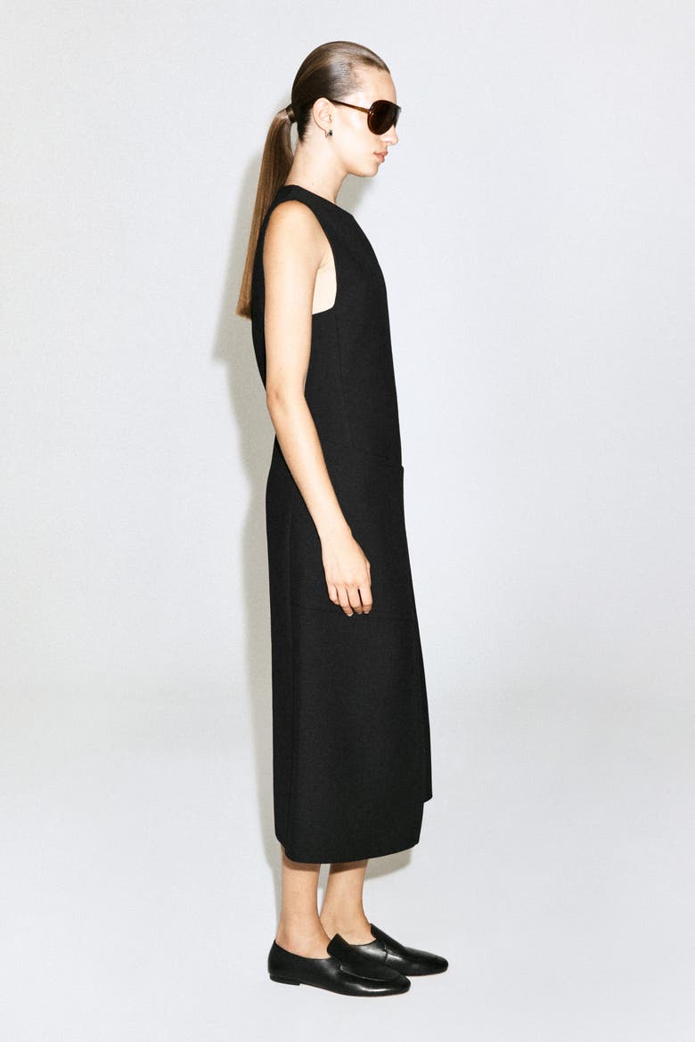 Belt-Detail Double-Faced Wool Midi Dress, Alternate, color, BLACK