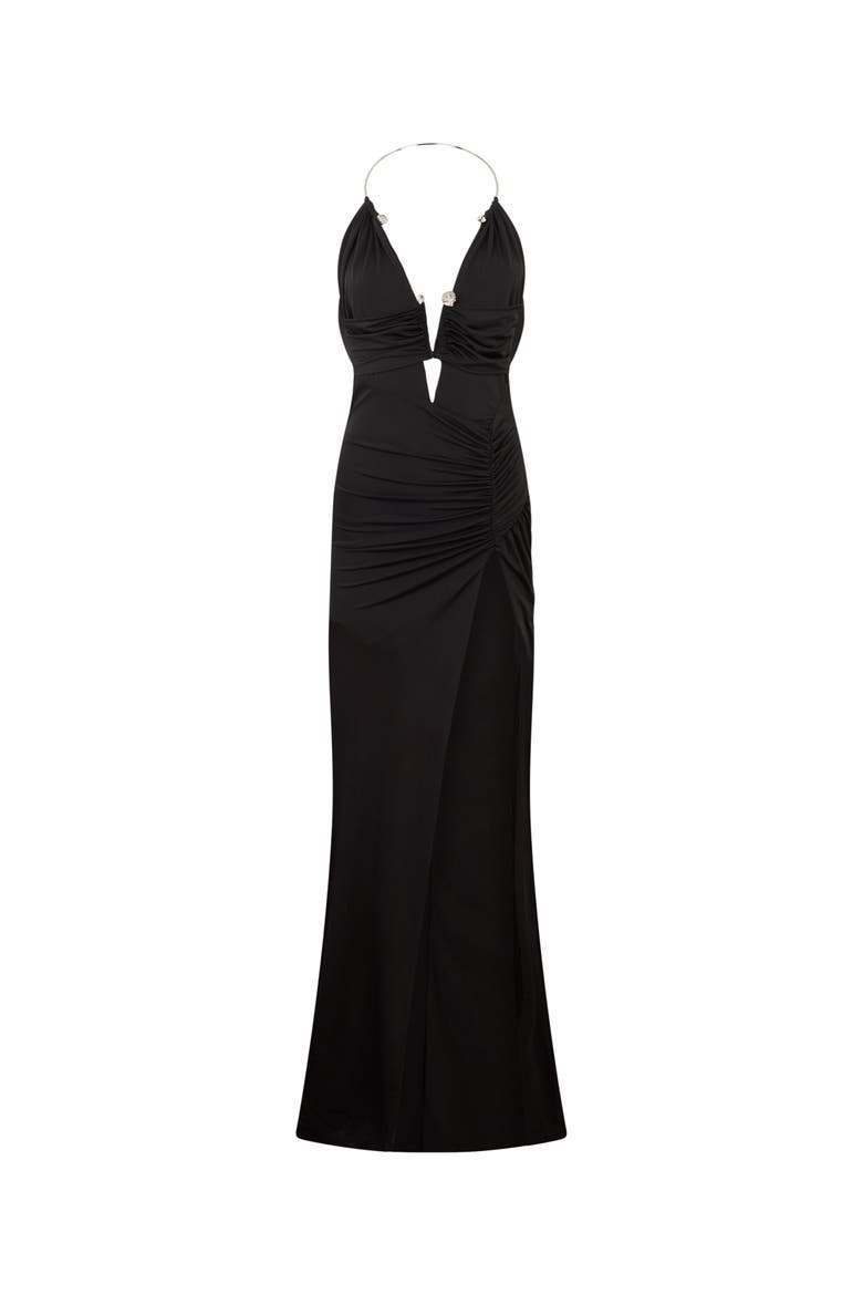 Shiny Long Dress Skull Piercing Women, Main, color, black