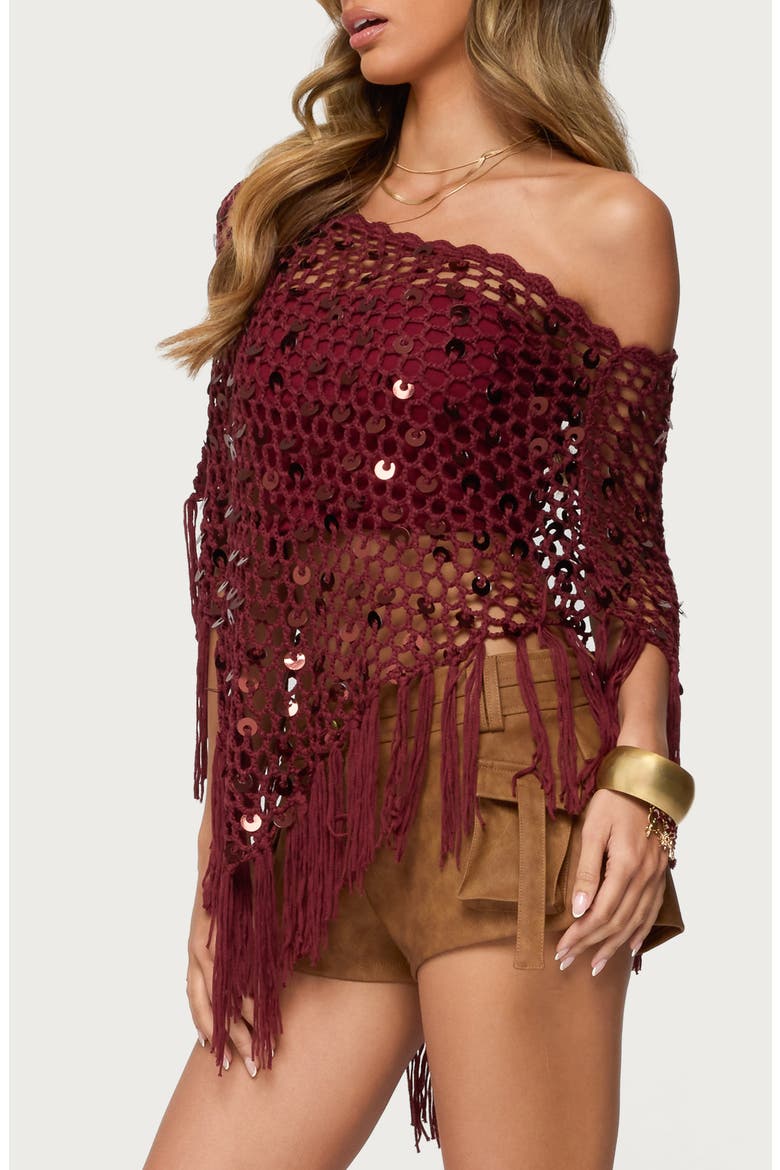 Open Stitch Sequin Fringe Poncho, Alternate, color, BURGUNDY