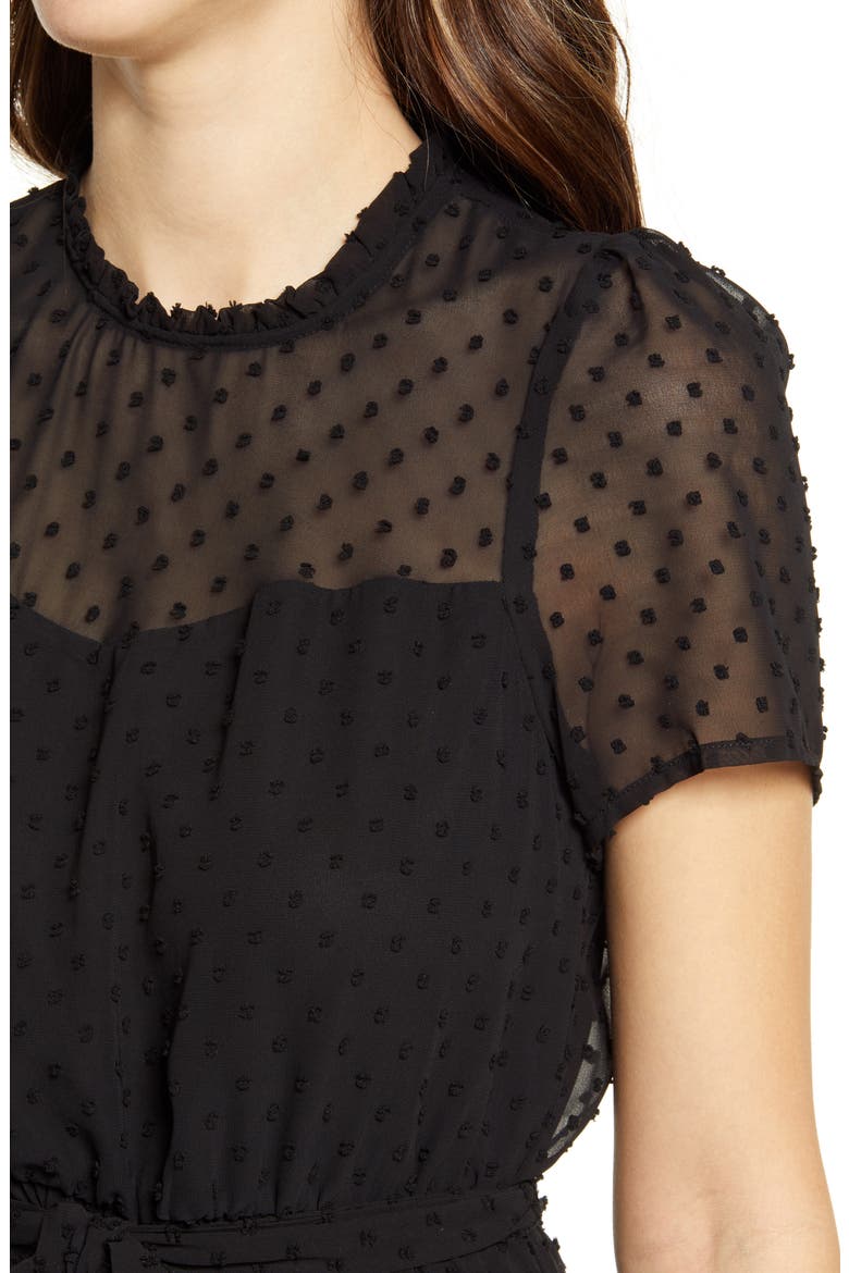 Belted Swiss Dot Midi Dress, Alternate, color, BLACK