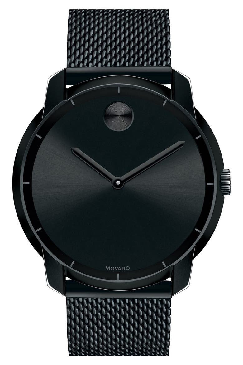 'Bold' Mesh Strap Watch, 44mm, Main, color, BLACK