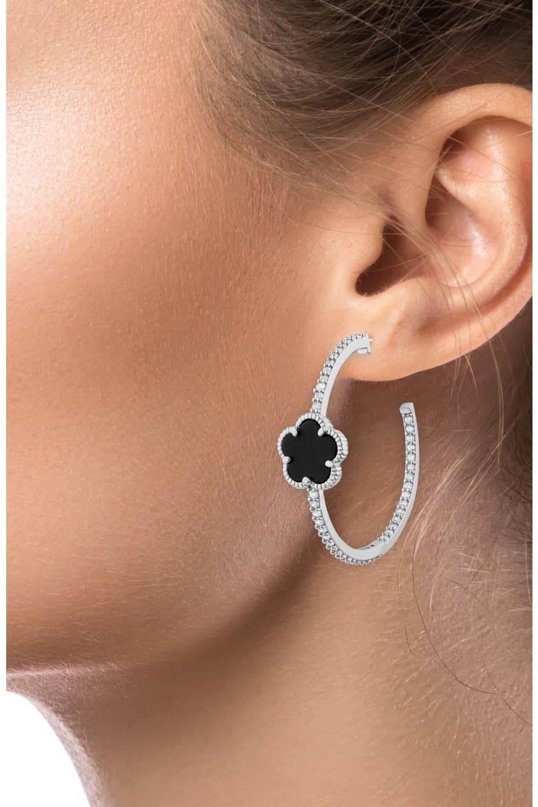 Pavé Cubic Zirconia & Onyx Clover Hoop Earrings, Alternate, color, BLACK/ SILVER