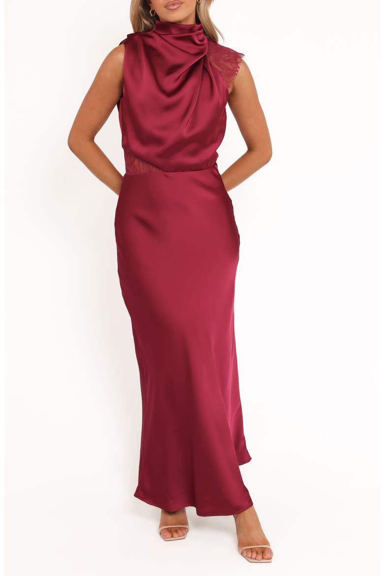Anabelle Mock Neck Satin Maxi Dress, Main, color, BERRY