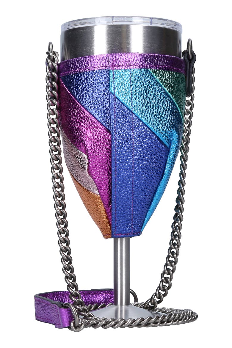 Metallic Leather Crossbody Wine Glass Holder with Portable Wine Glass, Alternate, color, BLUE MULTI