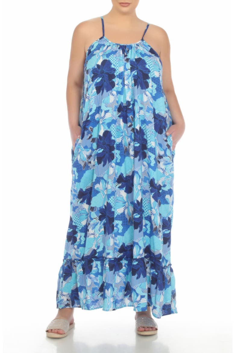 Scoop Neck Spaghetti Strap Floral Print Maxi Dress, Main, color, PATCH BLUE