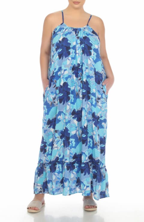 Scoop Neck Spaghetti Strap Floral Print Maxi Dress (Plus)