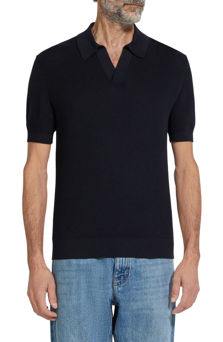 ZEGNA Waffle Knit Premium Cotton Polo Sweater, Main, color, Navy Solid