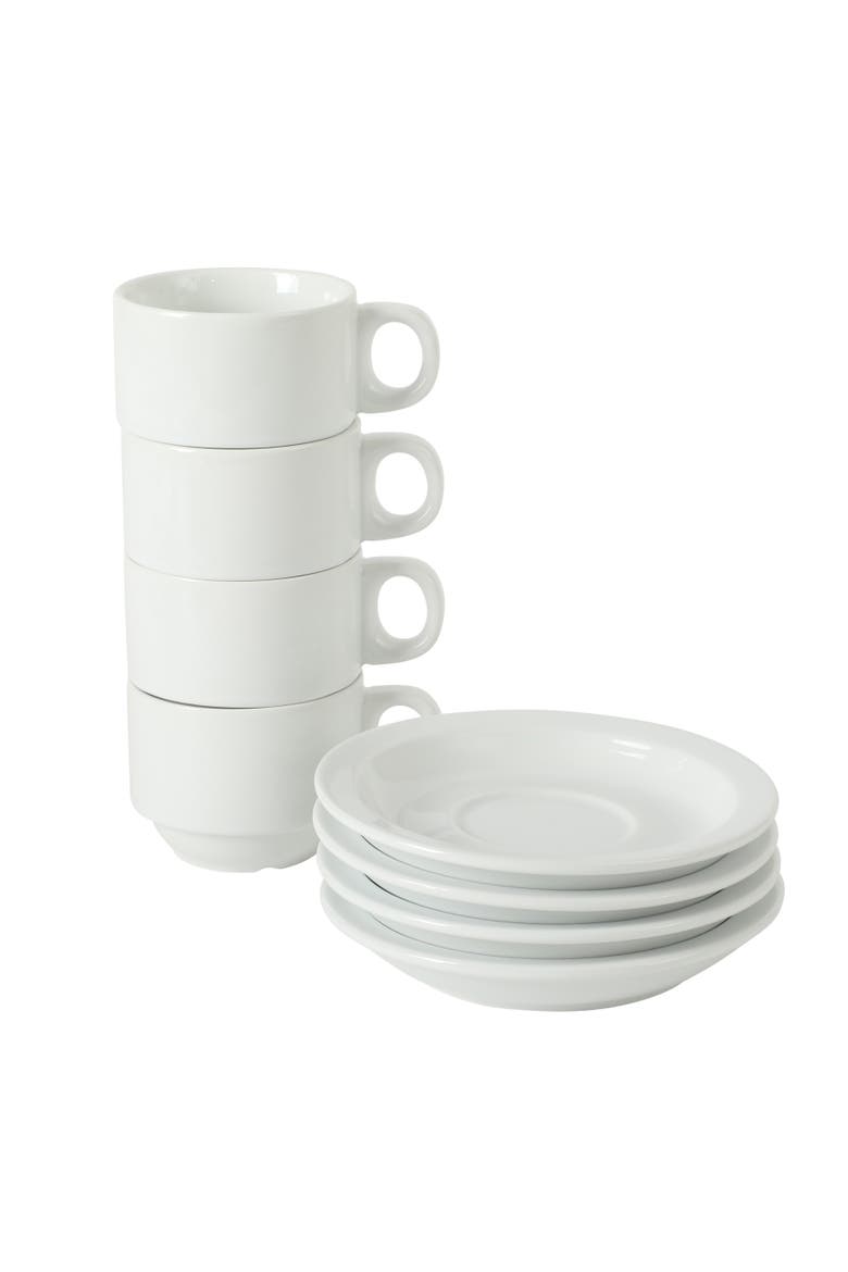 Gracious Dining 9-Piece Stoneware Espresso Cup and Saucer Set with Metal Stand, Alternate, color, White
