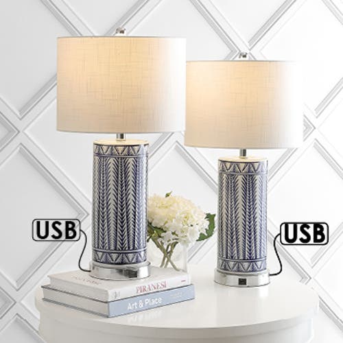Jonathan Y Sulka 27" Ceramic/iron Contemporary Usb Charging Led Table Lamp, Navy/chrome