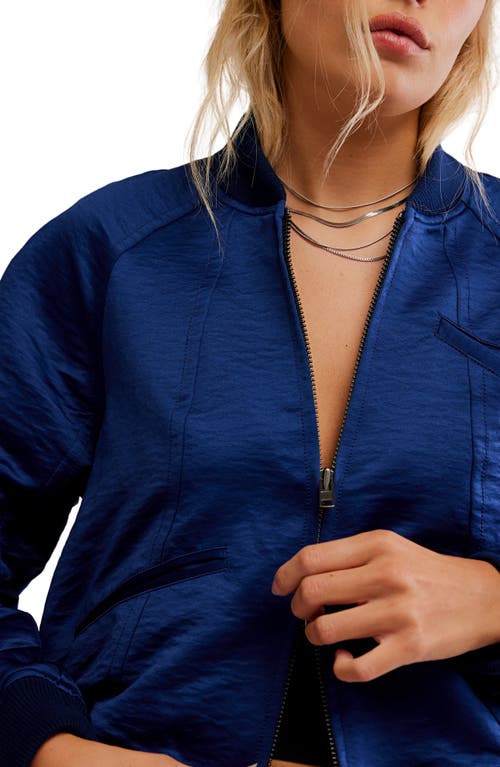 Free People Ellie Satin Bomber Jacket In Cosmic In Blue