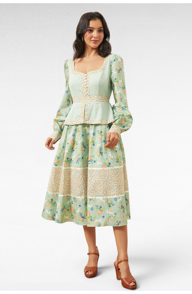 ModCloth Lilly Corselette Peplum Midi Dress, ModCloth x Gunne Sax, Main, color, Unicorn Tapestry