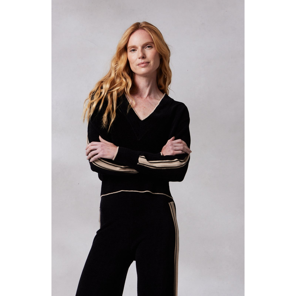 Shop Kashwere Apparel V Neck Track Sweater In Black/sand Stripe
