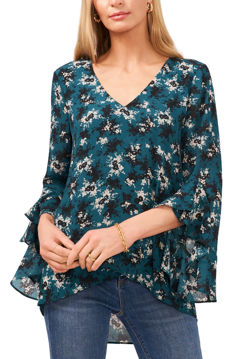 Floral Ruffle Cuff Blouse, Main, color, RICH SPRUCE