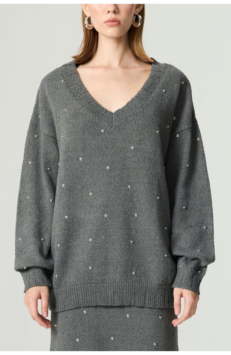 Nocturne Embellished V-Neck Knit Sweater, Main, color, Anthracite