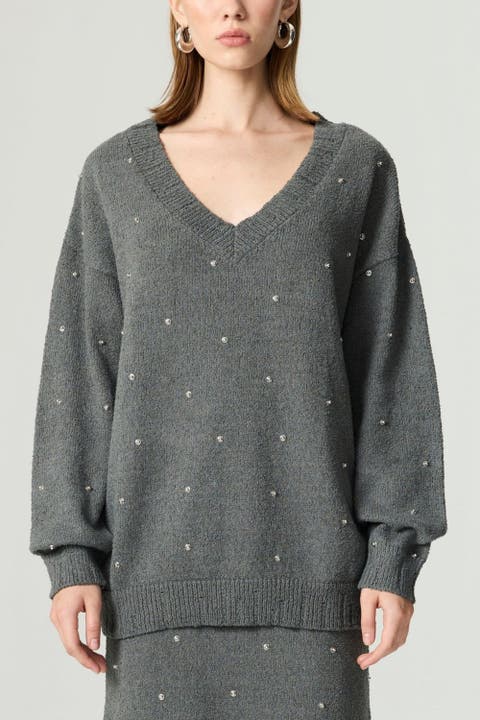 Embellished V-Neck Knit Sweater